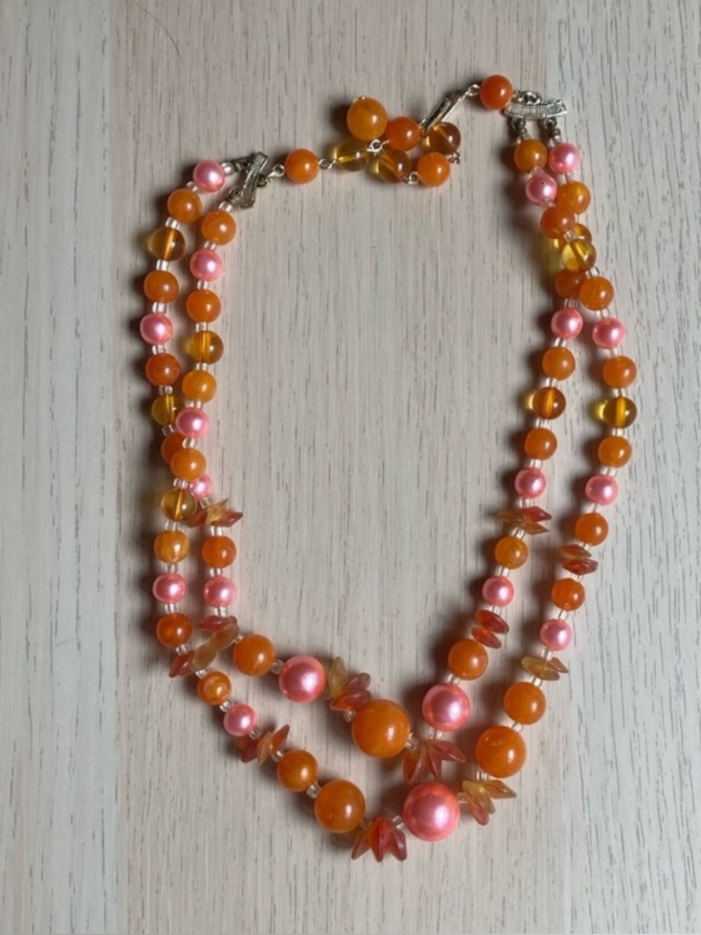 Vintage Orange and Pink Beaded Women's Multi Strand Necklace 14” costume jewelry